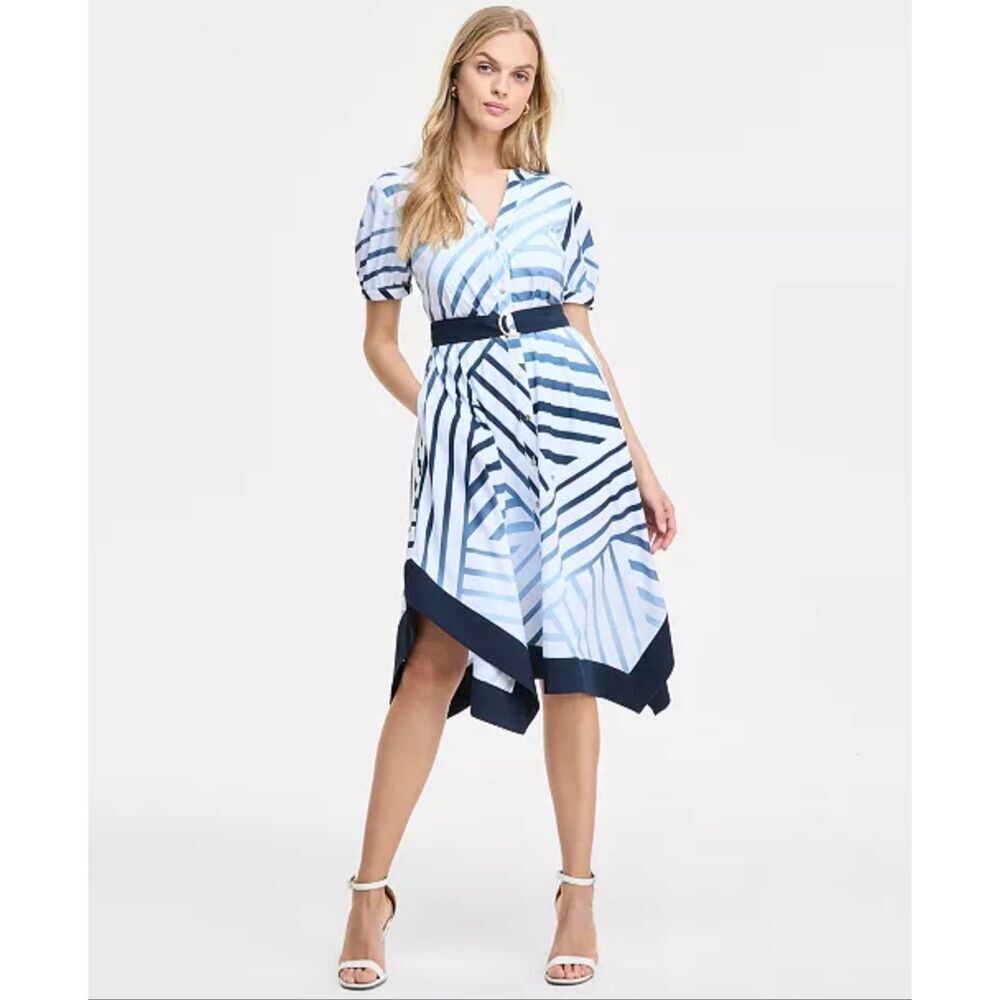 KARL LAGERFELD PARIS Printed Handkerchief-Hem Shirtdress White/Blue 0
